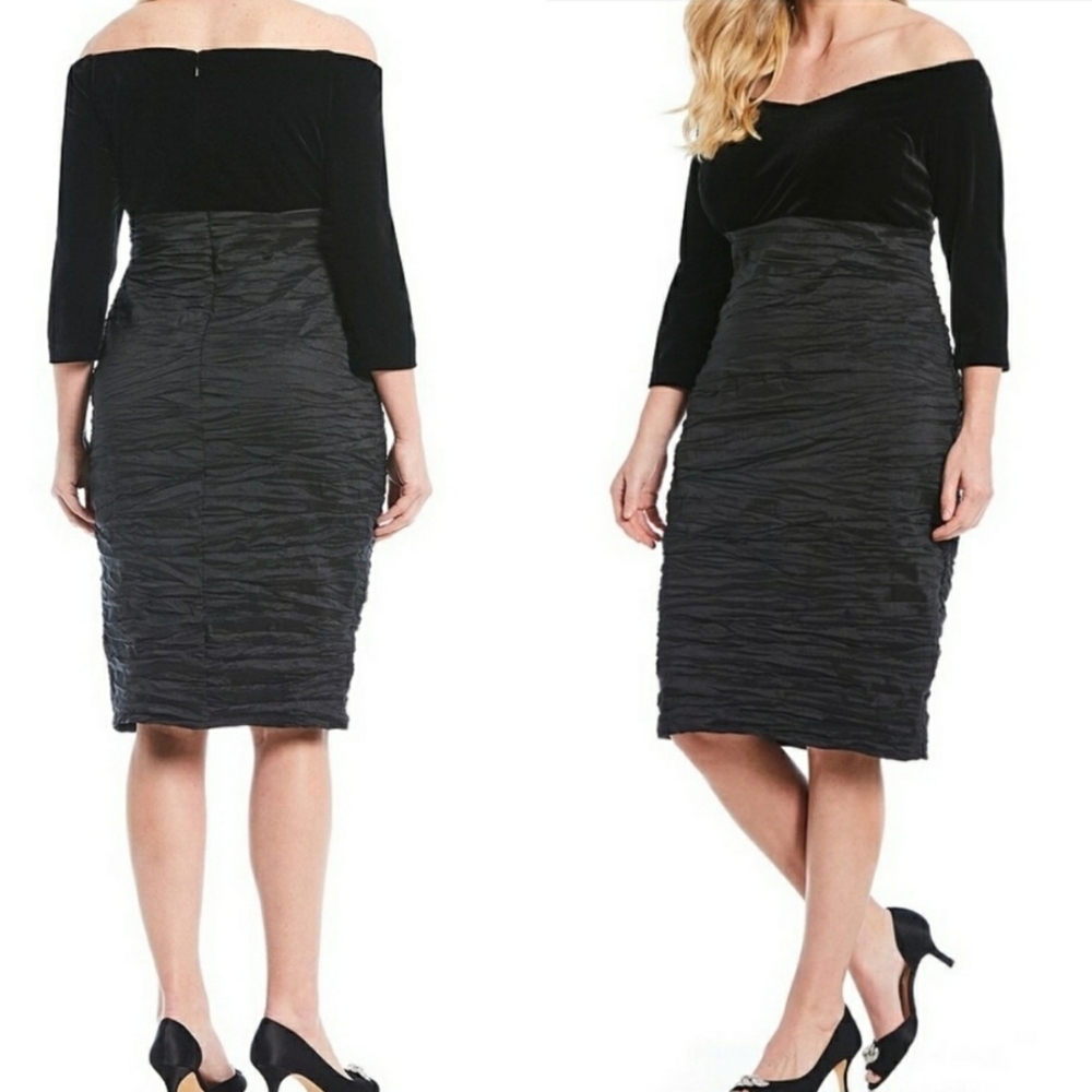 Alex Evenings Black Off-Shoulder Velvet Top Ruched Midi Dress